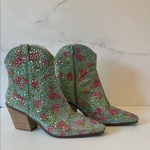 Betsey Johnson glass stone boots, size 8m Embellished Green and Pink Ankle Boots